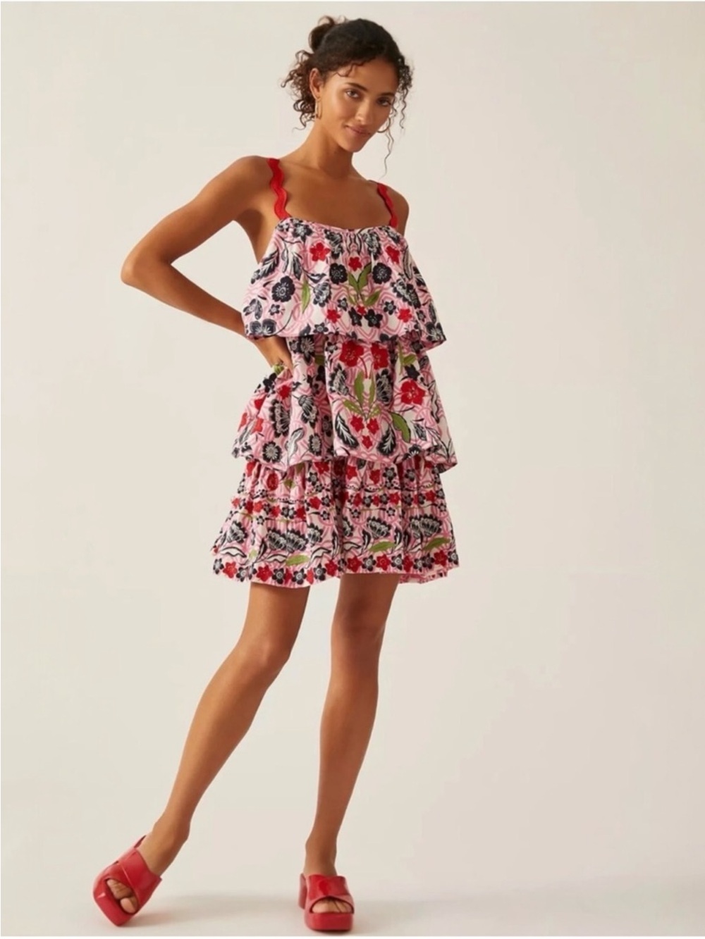 Anthropologie x Maeve Tiered Printed Embroidered Mini Dress Pink Red Cotton sz M